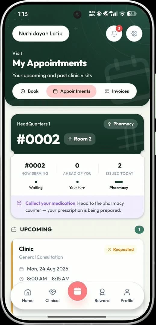 mySihat app: the appointments screen