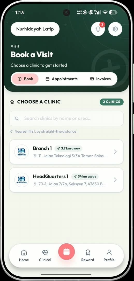 mySihat app: the booking screen