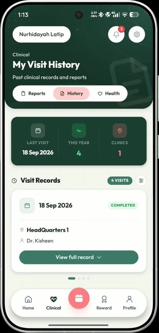 mySihat app: the clinical history screen