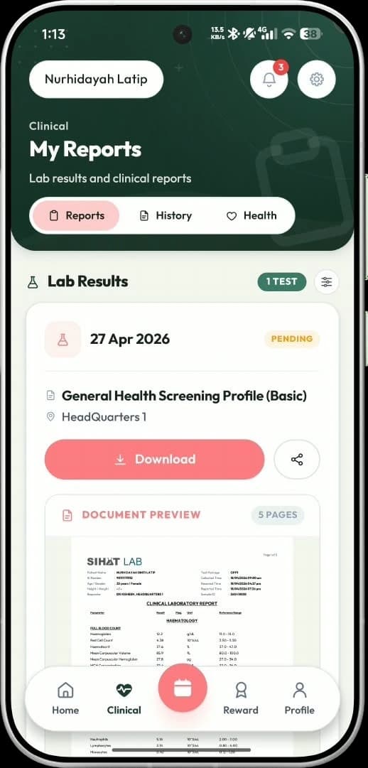 mySihat app: the clinical report screen