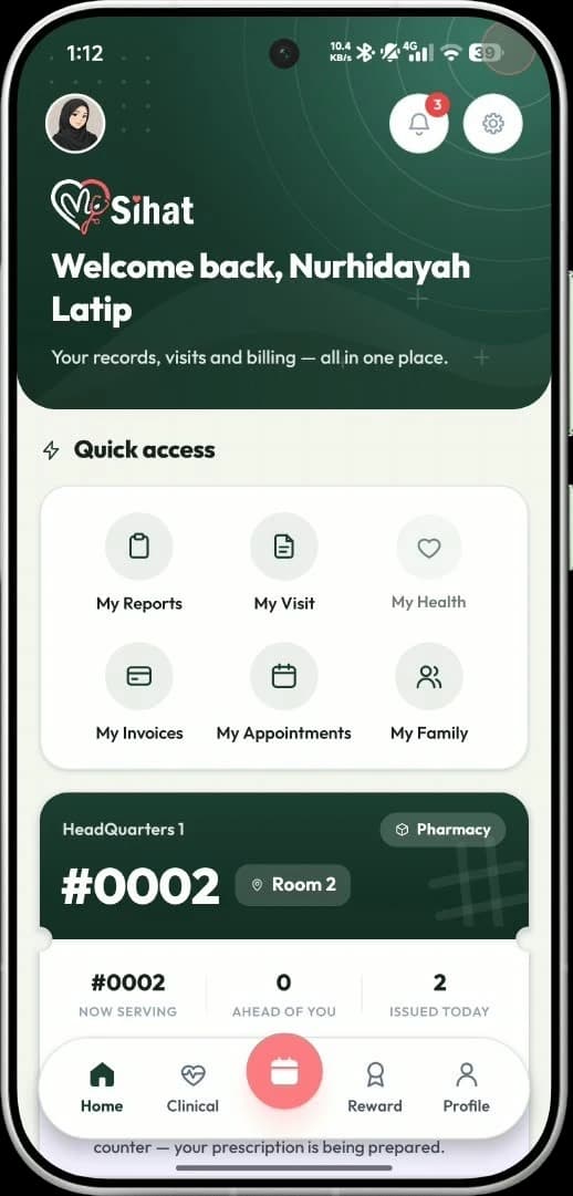 mySihat app: the home screen