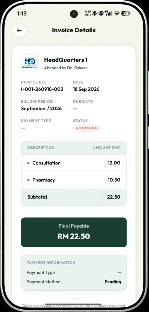 mySihat app: the invoice details screen