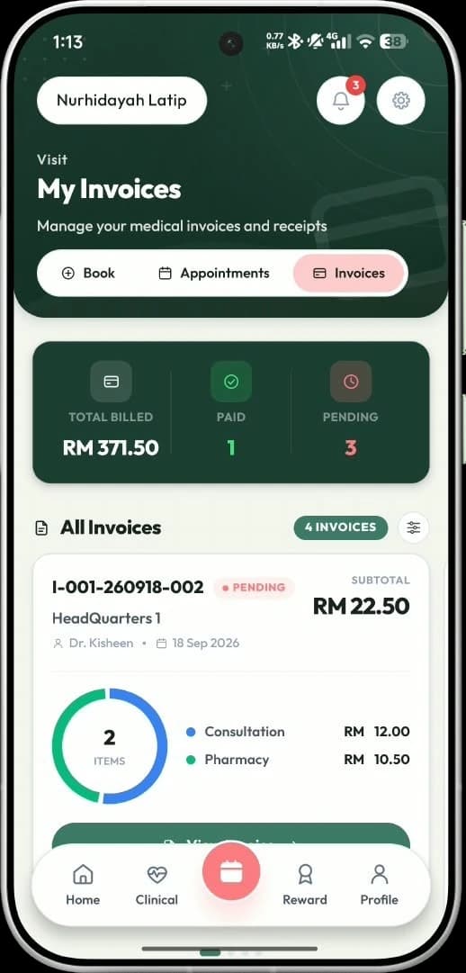mySihat app: the invoices screen