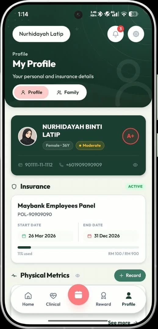 mySihat app: the profile screen